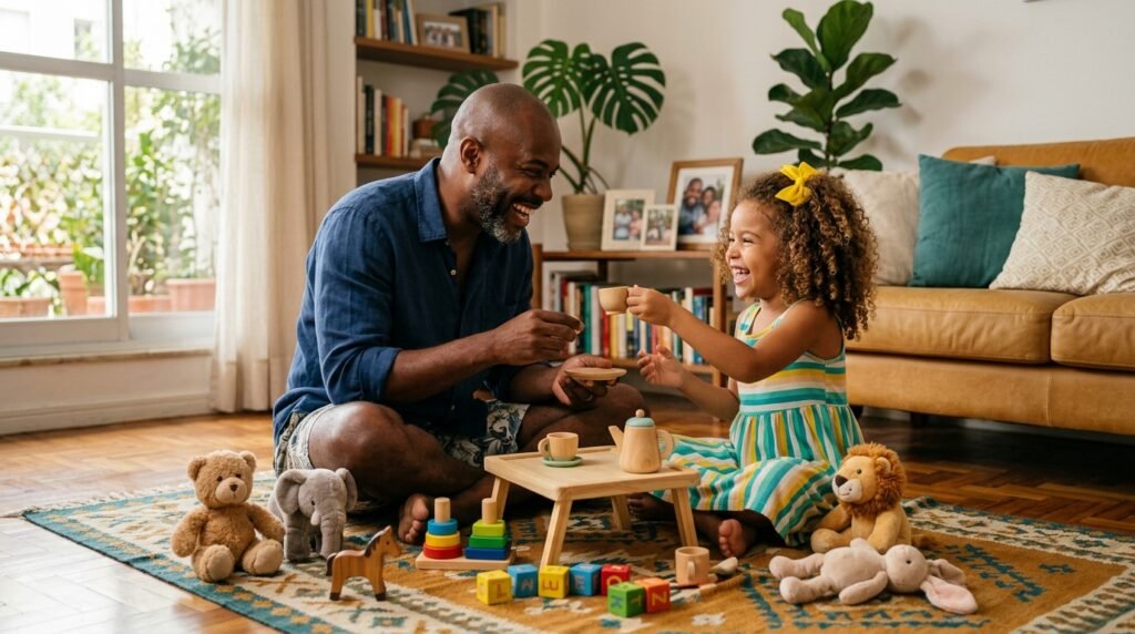 Pai negro sentado no tapete da sala brincando de faz de conta com a filha pequena de cabelo cacheado, os dois sorrindo