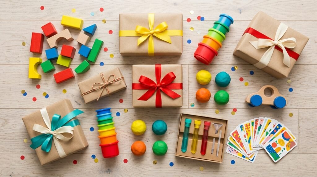 Presentes embrulhados em papel kraft ao lado de brinquedos infantis variados, como blocos, potinhos de empilhar, massinha e carrinho