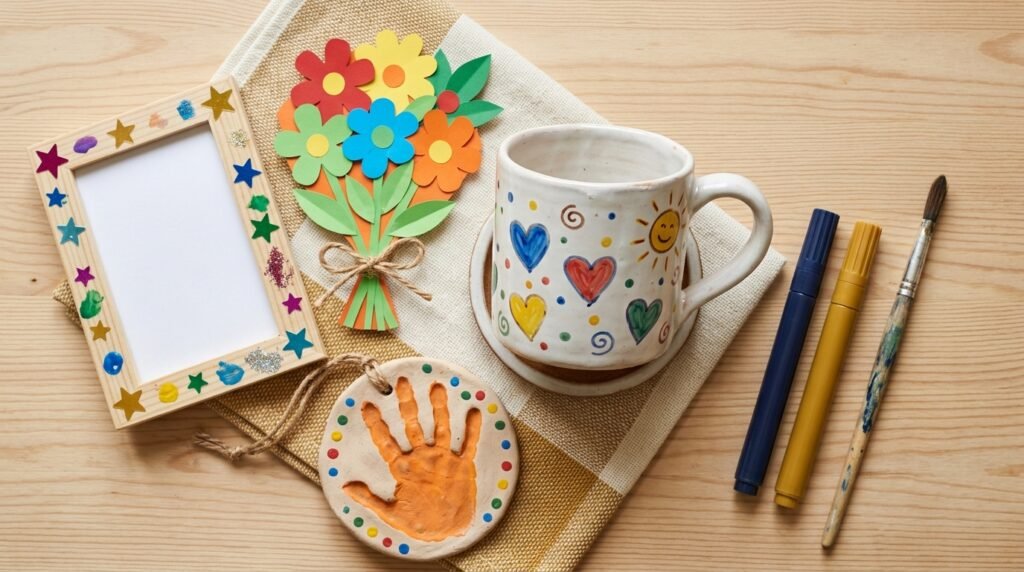 Presentes de Dia dos Pais feitos por crianças: caneca pintada à mão, porta-retrato decorado, desenho de família e lembrança de argila com a mão do bebê