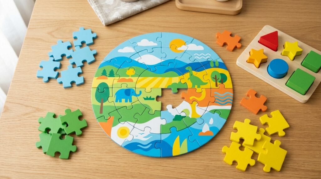 Quebra-cabeça infantil colorido pela metade sobre mesa de madeira, com peças separadas por cor e um encaixe de madeira ao lado