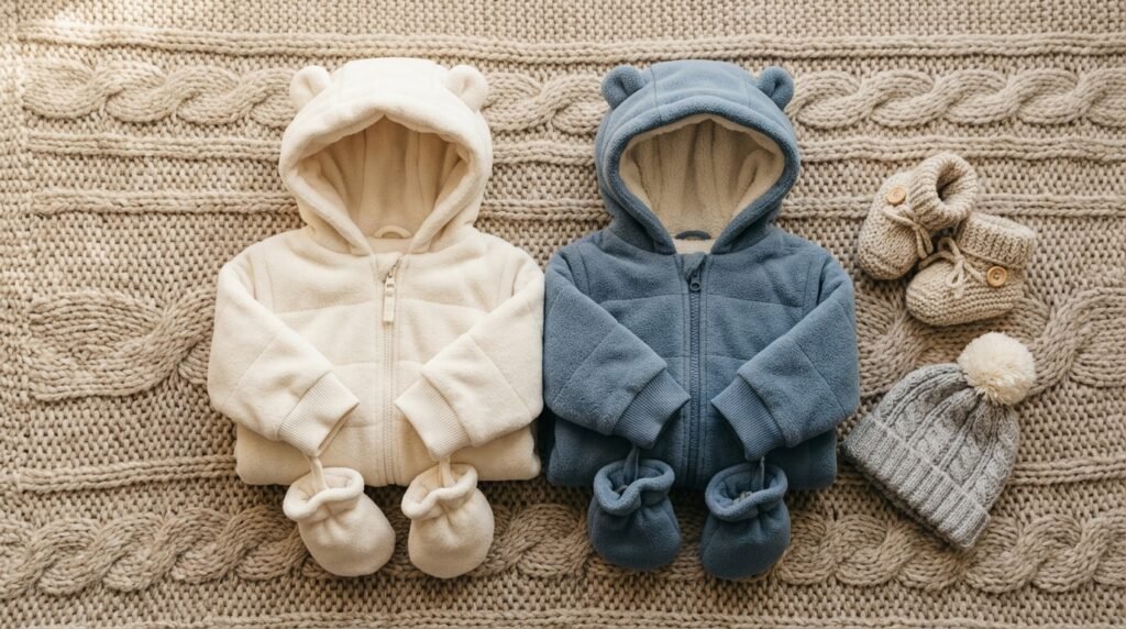 Dois macacões de inverno de bebê em fleece dobrados sobre manta de tricô com touca e sapatinhos
