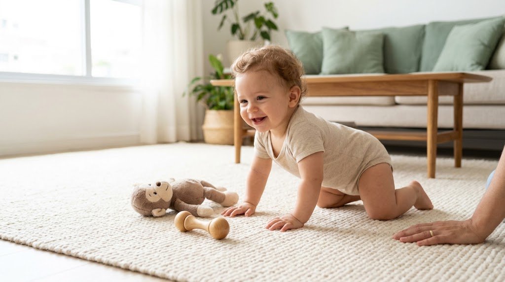 Bebê engatinhando sobre um tapete de algodão cru na sala, com brinquedos por perto