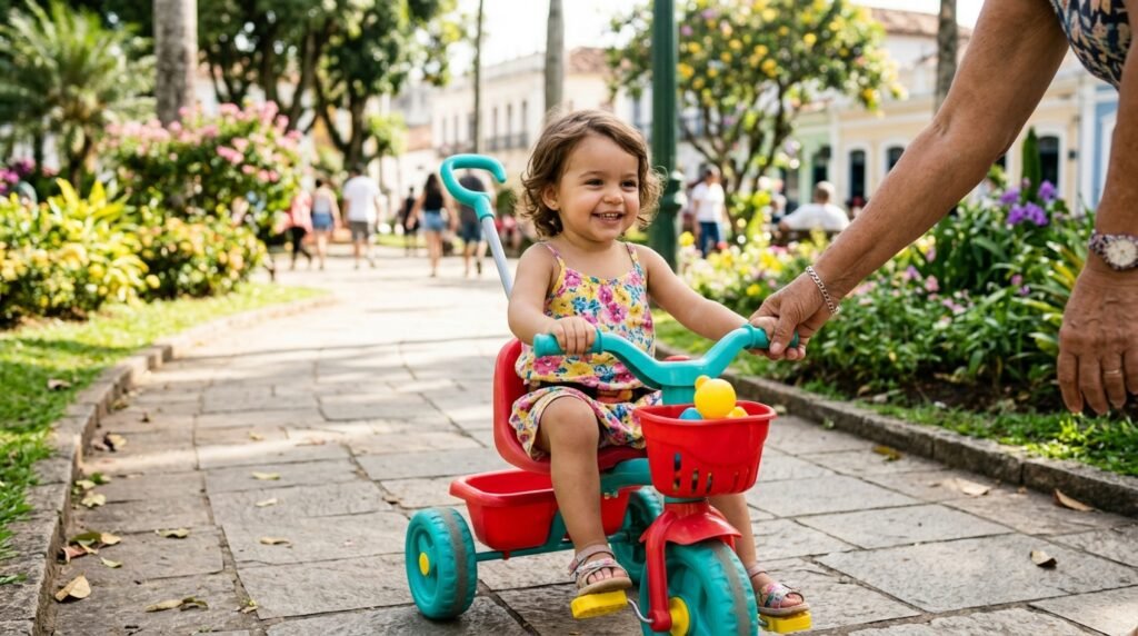 Menina pequena andando de triciclo infantil com haste em uma praça ensolarada, com a mão da avó apoiada no cabo