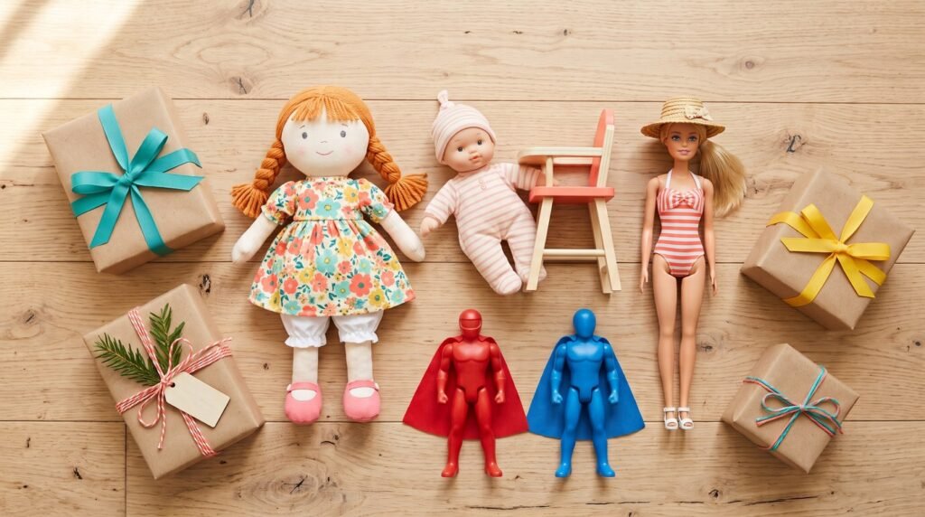 Boneca de pano, boneca bebê, boneca de moda e dois bonecos de herói ao lado de presentes embrulhados para o Dia das Crianças