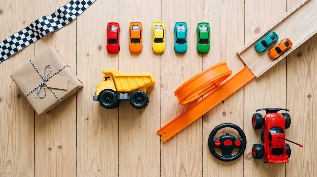 Carrinhos em miniatura, caminhão basculante, trecho de pista com looping e carrinho de controle remoto dispostos sobre piso de madeira