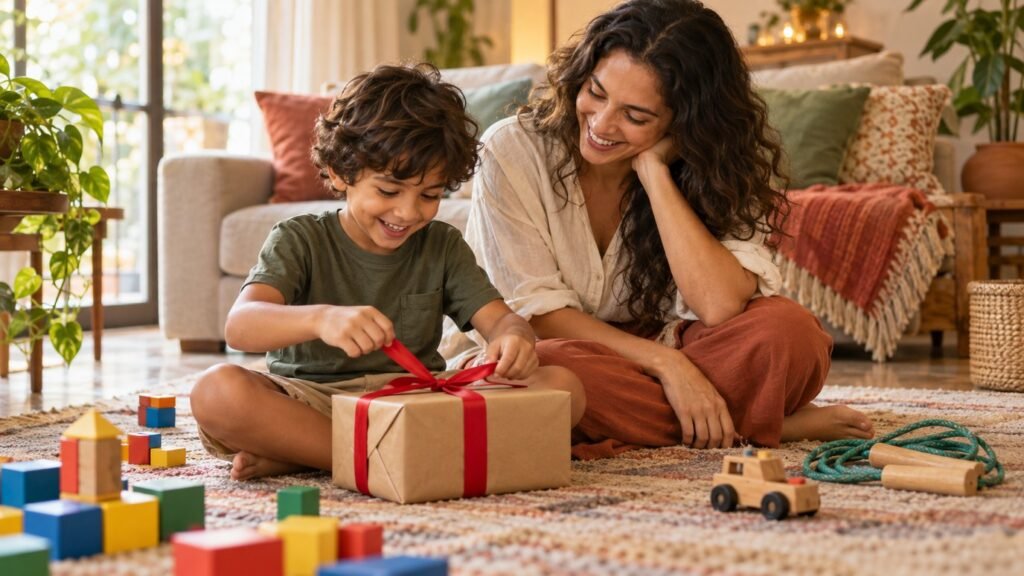 Mãe sorrindo enquanto o filho de seis anos abre um presente embrulhado em papel kraft com laço vermelho, na sala de casa