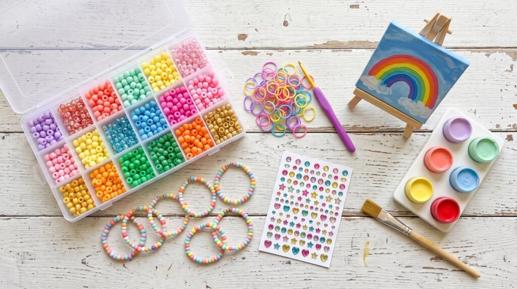 Caixa organizadora com miçangas coloridas, pulseiras prontas, elásticos para tear e mini cavalete com telinha pintada sobre mesa branca