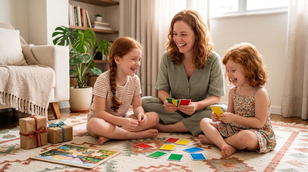 Mãe e duas filhas ruivas jogando cartas coloridas no tapete da sala, ao lado de um quebra-cabeça e de presentes embrulhados em papel kraft