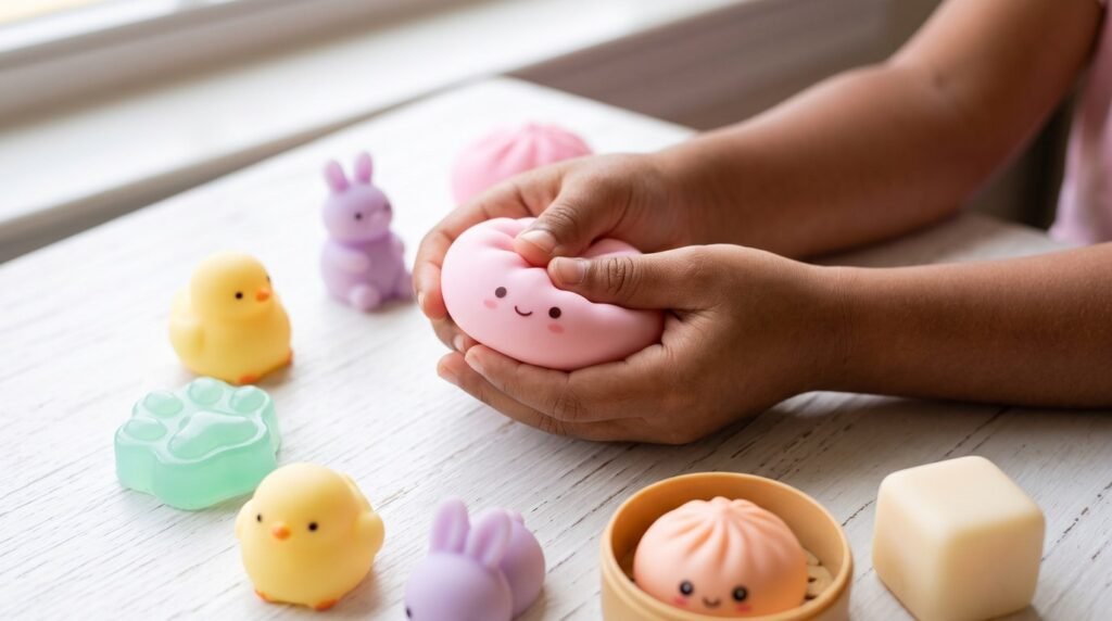 Mãos de criança apertando um squishy rosa em formato de pãozinho, com outros squishies coloridos sobre a mesa branca